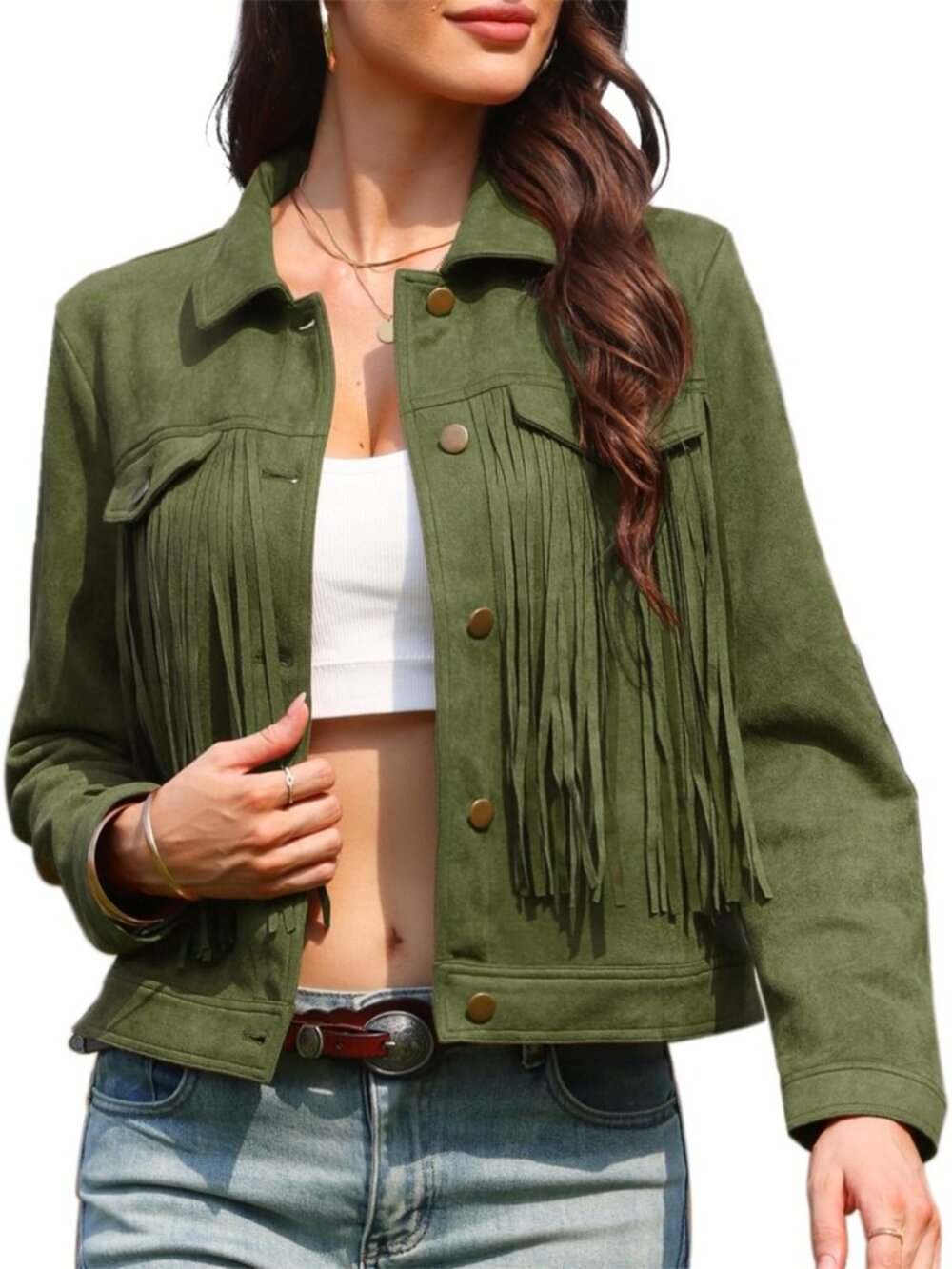 Women Faux Suede Fringe Cowgirl Style Long Sleeve Jacket